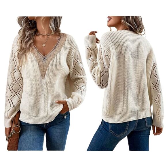 Noracoara Contrast Guipure Lace Drop Shoulder Sweater Biege Size XXL NWT - Picture 2 of 13